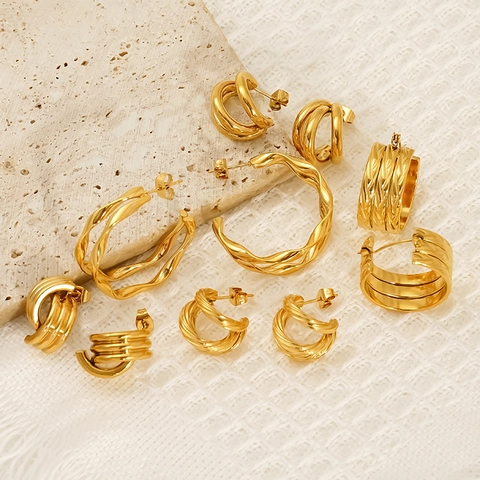 Twisted Hoop Earrings 18k Gold Plated 304 Stainless Steel Geometric C Shape Waterproof Hypoallergenic For Women