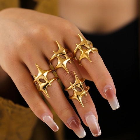 Geometric Cross Star Ring Stainless Steel 18K Gold Plated Abstract Fluid Design Index Finger Jewelry For Women Men
