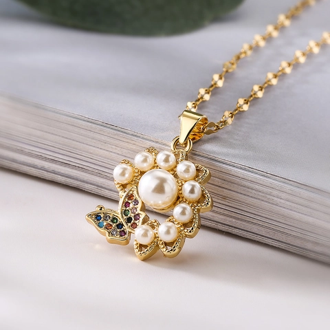 Elegante Collana Con Pendente In Rame Da Donna Con Perla Artificial E Zircone Colorato Design Geometrico Fiore Farfalla Placcato Oro