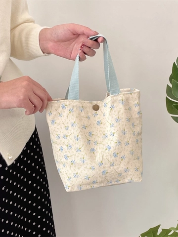 Borsa A Mano Vintage In Velluto A Coste Donna Mini Tote Con Stampa Floreale E Bottone A Pressione In Metallo