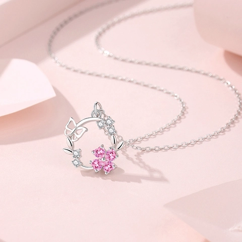 Collar de Colgante de Mariposa de Flor de Plata de Ley S925 para Mujer Zirconia Cúbica Rosa Estilo Dulce Joyería
