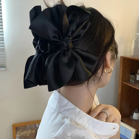 Grande Pinza Per Capelli Con Fiocco In Raso Nero Elegante Fermaglio In Tessuto Setoso Accessorio Per Donne Acconciatura
