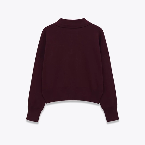 Jersey De Punto Polo Para Mujer Manga Larga Poliéster Con Bolsillo En El Pecho Burdeos Color Sólido Top Casual