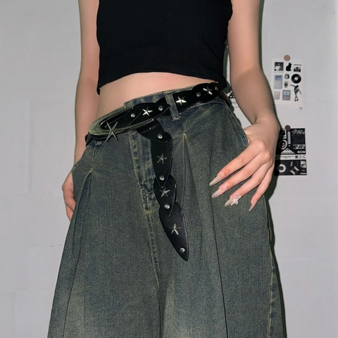 Women PU Leather Belt With Alloy Star Studs Millennium Hip Hop Punk Style Waist Chain Retro Decorative Accessory