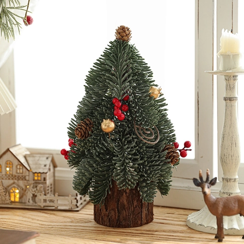 Mini Christmas Tree Artificial Pine Desktop Decoration With Wooden Base Red Berries Pine Cones Gold Ball Festive Ornament