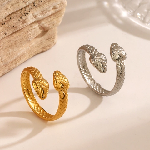 Bague Serpent En Acier Inoxydable Double Tête Réglable Ouverte Vintage Punk Bijoux Pour Femmes
