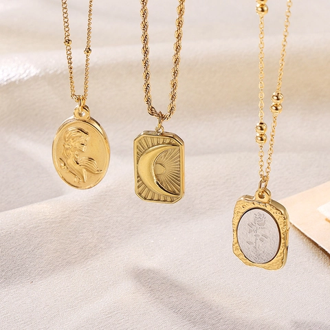 Vintage Retro Gold Plated Stainless Steel Pendant Necklace Embossed Rose Moon Sun Portrait Medallion Minimalist Jewelry For Women
