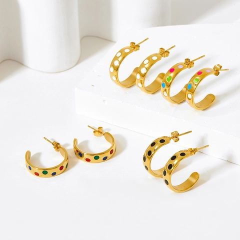 Orecchini A Cerchio A Forma Di C In Acciaio Inossidabile Vintage Con Smalto A Pois Colorati Per Donne