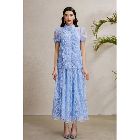 Ensemble Jupe Femme Dentelle Chemisier Et Jupe Col Montant Volants Manches Bouffantes Élégant Bleu Ciel Vacances