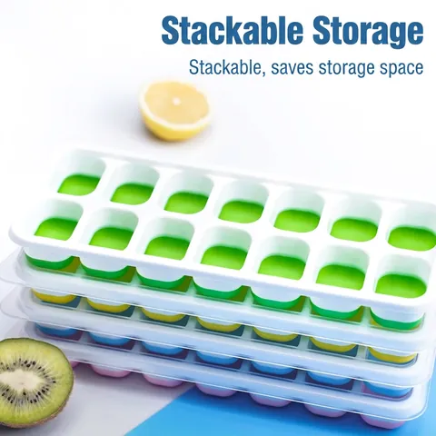 Ice Cube Tray With Lid PP Frame Silicone Soft Bottom Easy Release Stackable Reusable Square Ice Mold For Chilled Drinks