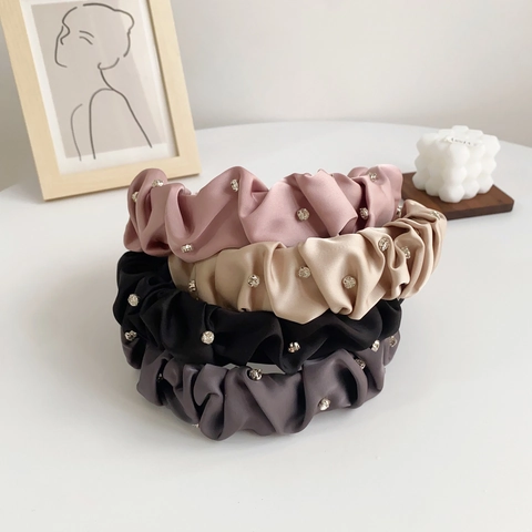 Black Pleated Satin Headband With Rhinestones Wide Ruched Hair Hoop Elegant Retro Hair Accessories For Women Girls