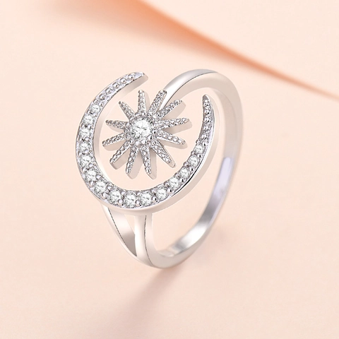 Anillo Abierto Sol Luna Cobre Con Circonita Micro Pavé Joyería De Dedo Elegante Ajustable Regalo Para Mujeres