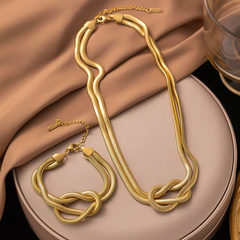 Knotted Double Layer Snake Chain Necklace Stainless Steel 18K Gold Plated Minimalist Fashion Jewelry For Women