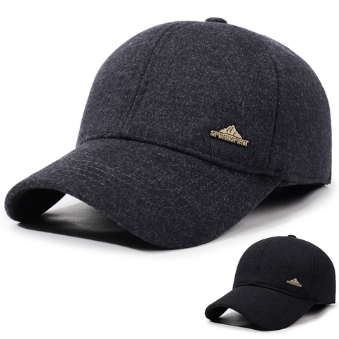 Men Winter Baseball Cap With Earmuffs Thermal Wool Blend Thick Padded Windproof Outdoor Sport Spirit Adjustable