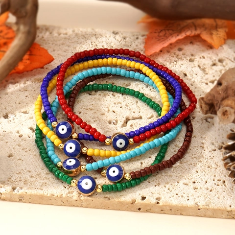 Evil Eye Beaded Bracelet Handmade Copper Alloy Lucky Protection Bohemian Seed Bead Jewelry For Women Men Elastic