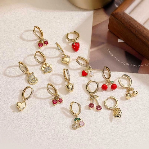 Copper Hoop Earrings With Cubic Zirconia Strawberry Cherry Heart Pendants Sweet Jewelry For Women