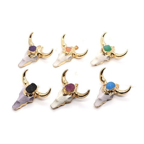 Bull Head Pendant Charms Resin Cow Skull With Inlaid Crystal Plated Metal DIY Jewelry Making Boho Tribal Style