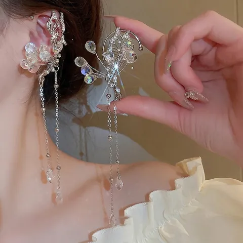 Orecchini Clip Ear Cuff Farfalla Fiore Nappa Lega Strass Goccia D'acqua Frange Lunghe Stile Fata Senza Buco Donna