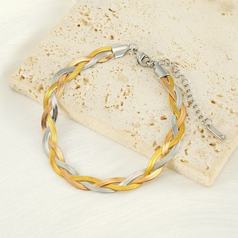 Tricolor Braided Herringbone Blade Chain Necklace And Bracelet 18K Gold Plated Stainless Steel Commute Jewelry For Women