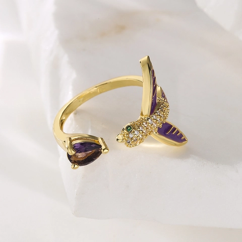 Kolibri Kaninchen Offener Ring Kupfer 18K Vergoldet Emaille Zirkon Tier Verstellbar Modeschmuck Für Damen