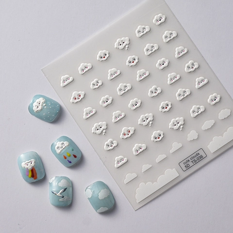 Adesivi Unghie 5D Rilievo Nuvola Carina Arcobaleno Goccia Di Pioggia Autoadesivi Decorazione Nail Art DIY
