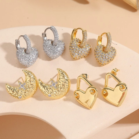 Orecchini Zirconia Cuore Luna Rame Placcato Oro 14K Stile Ins Gioielli Di Design Di Lusso Minimalisti Per Donna