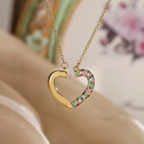 Herz Anhänger Halskette Kupfer Echtgold Vergoldet Bunte Zirkonia Minimalistischer Eleganter Schmuck Für Damen