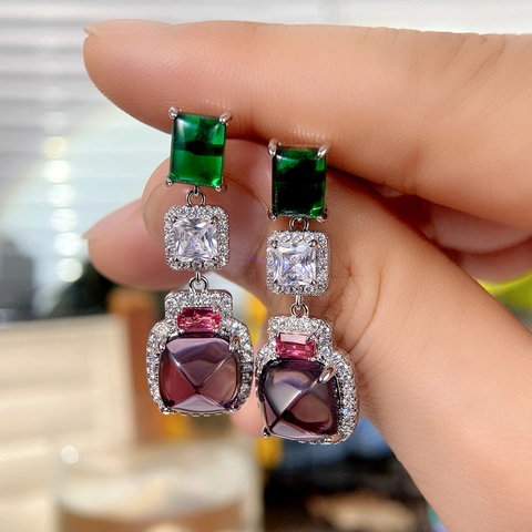 Orecchini A Goccia In Zirconia Colorata Di Lusso Smeraldo Viola Geometrico Retro Rame Pendenti Per Donne