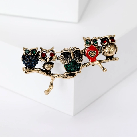 Fashion Vintage Alloy Owl Brooch With Rhinestone Enamel Tree Branch Animal Pin For Women Party Clothing Jewelry Gift