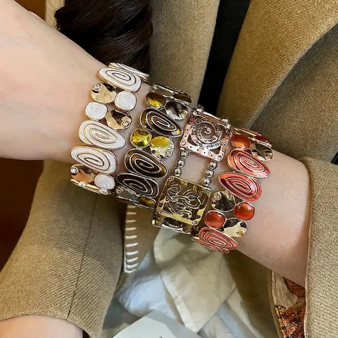 Bracciale Elastico Largo Lega Smalto Goccia Olio Cuore Cavo Motivo Spirale Gioielli Retro Donna