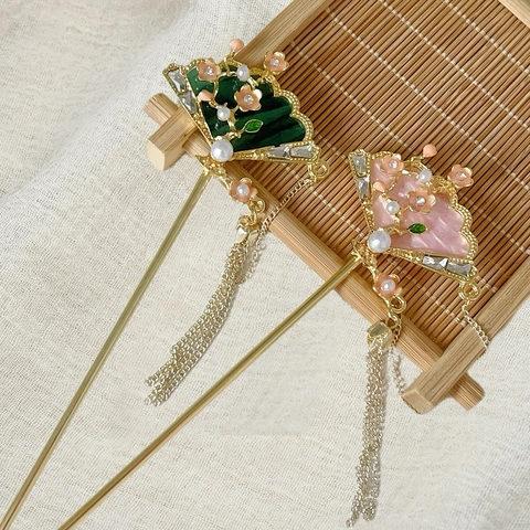 Horquilla De Pelo Estilo Chino Antiguo Forma Abanico Aleación Flor Borla Larga Accesorio Hanfu Perla Artificial Diamante De Imitación