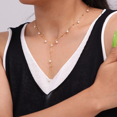 Collana A Forma Di Y Acciaio Al Titanio Imitazione Perla Artificial Nappa Lunga Caduta Placcato Oro 18K Gioielli Eleganti Per Donne