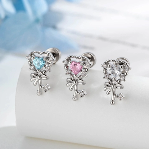Heart Key Ear Cartilage Stud Zirconia Bowknot Helix Earring Silver Plated Copper Jewelry For Women Sweet Fairy Style