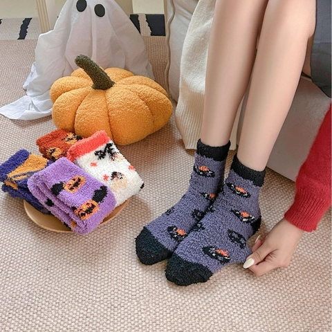 Halloween Damen Coral Fleece Flauschige Socken Warm Gemütlich Kürbis Fledermaus Muster Crew Socken Für Zuhause Party Geschenk