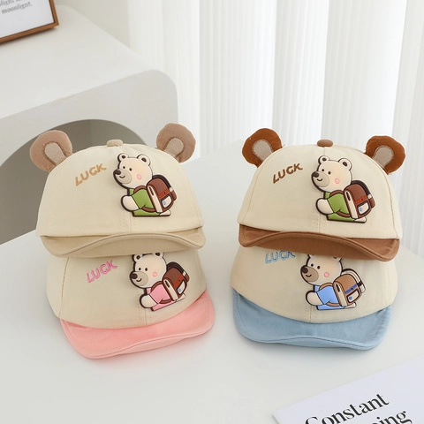 Gorra de Béisbol de Dibujos Animados para Niños Pequeños Ala Suave Bordado Oso Mochila LUCK Orejas 3D Protección Solar Sombrero de Mezcla de Algodón