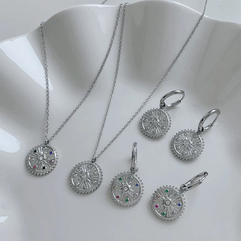 Sonnenkompass Anhänger Halskette Und Creolen Edelstahl Bunter Zirkonia Luxus Mode Schmuck Für Damen