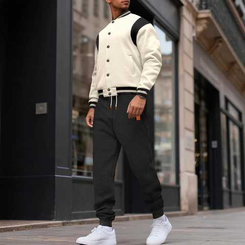 Men Casual Baseball Collar Button Down Patchwork Jacket And Jogger Pants Fleece Lining Urban Fashion Sportswear Outfits
