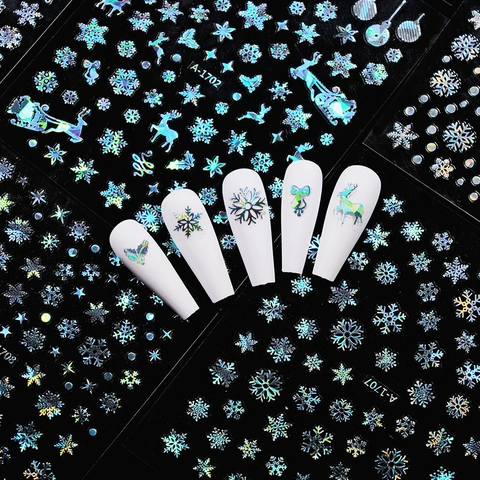 Weihnachts Schneeflocke Nagelkunst Aufkleber Holographische Laser Gold Silber Winter Rentier Festliche DIY Dekoration