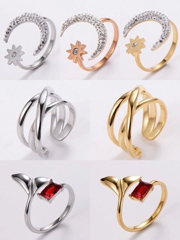 Anello Aperto Regolabile Acciaio Inossidabile 304 Minimalista Stella Luna Coda Di Pesce Zircone Intarsiato Gioielli Di Moda Per Donne