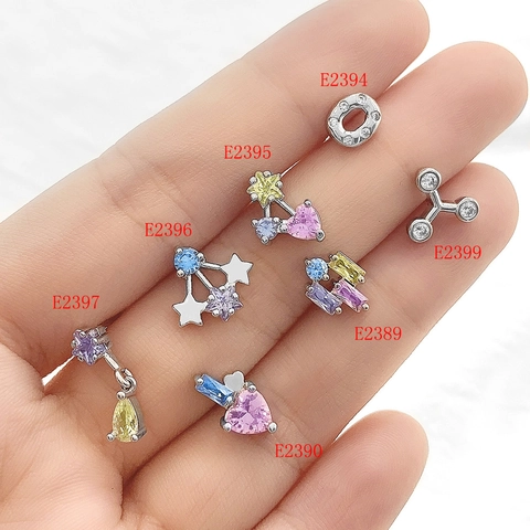 Geometric Brass Colorful Zirconia Stud Earrings For Women 18K Gold Plated Heart Star Geometric Jewelry Accessories