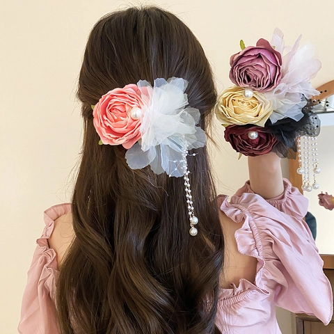 Molletta Per Capelli Fiore Rosa Elegante Con Petali In Pizzo Raso E Nappa Di Künstliche Perle Imitazione Stile Francese Per Donna