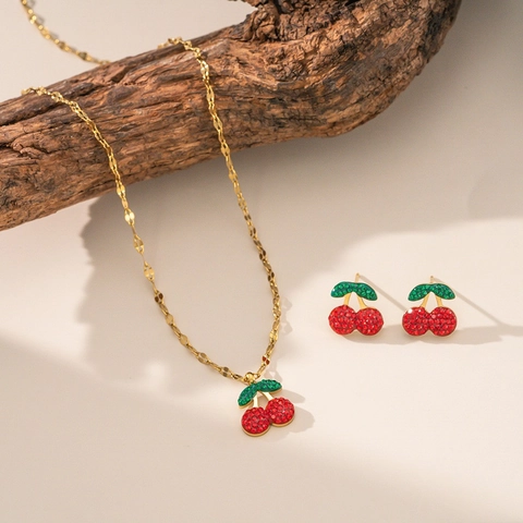 Women Titanium Steel Cherry Jewelry Set Red Green Rhinestone Necklace And Stud Earrings Gold Plated Fruit Fashion Jewelry