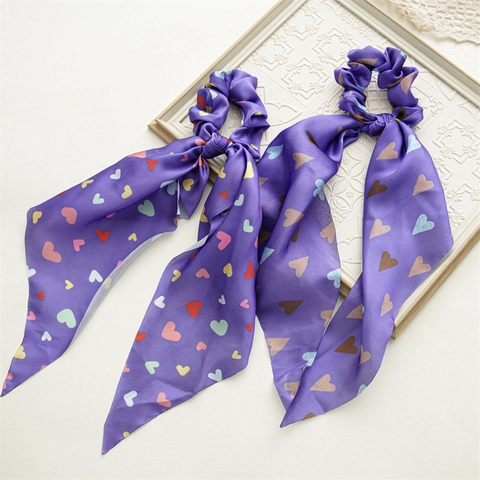 Scrunchie Sciarpa Di Raso Stampa Floreale Cuore Grande Elastico Per Capelli Con Nastro Lungo Accessori Per Donne Ragazze