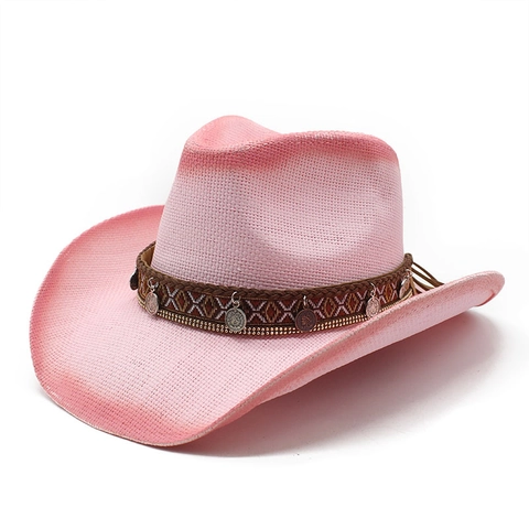 Cappello Da Cowboy In Paglia Donna Vintage Bohemian Protezione Solare Tesa Larga Gradiente Carta Traspirante Ciondoli Moneta