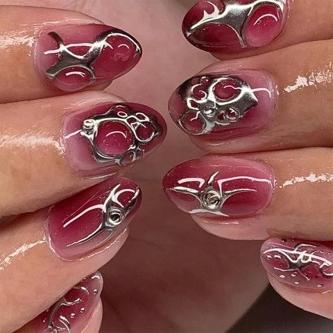 Press On Nails 3D Silber Flammen Design Flüssigmetall Y2K Cyberpunk Stil Verlauf Rosa Mandel Künstliche Nägel Mit Strass