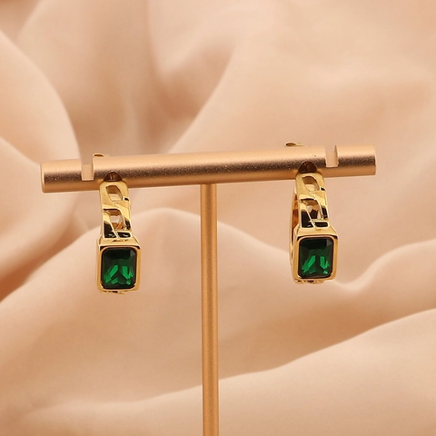 C Hoop Earrings Stainless Steel With Rectangular Colorful Cubic Zirconia Micro Inset Texture Style For Women Luxury