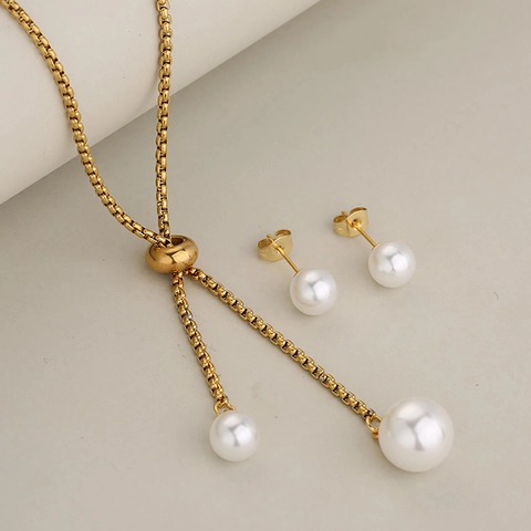 Fashion Imitation Artificial Pearl Jewelry For Women Stainless Steel Adjustable Y-Shaped Slider Necklace And Stud Earrings