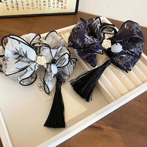 Pince À Cheveux Nœud Avec Gland Peinture À L'encre Imprimé Bambou Tissu Alliage Camélia Style Chinois Accessoires Cheveux Femme
