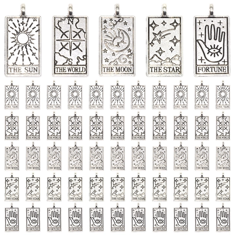 Vintage Tarot Card Pendants Antique Silver Electroplated Alloy Charms For DIY Necklace Bracelet Making Rectangular Sun Moon Star Fortune World Jewelry Findings