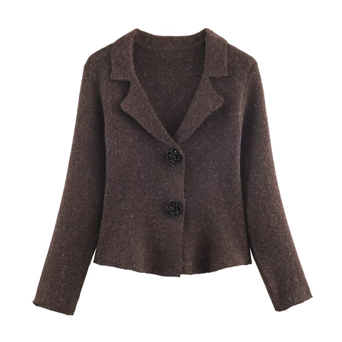 Dames Frans Vintage Bruin Gebreide Blazer Jas Met Florale Sieraden Knoppen Lange Mouwen Revers Elegante Bovenkleding Top